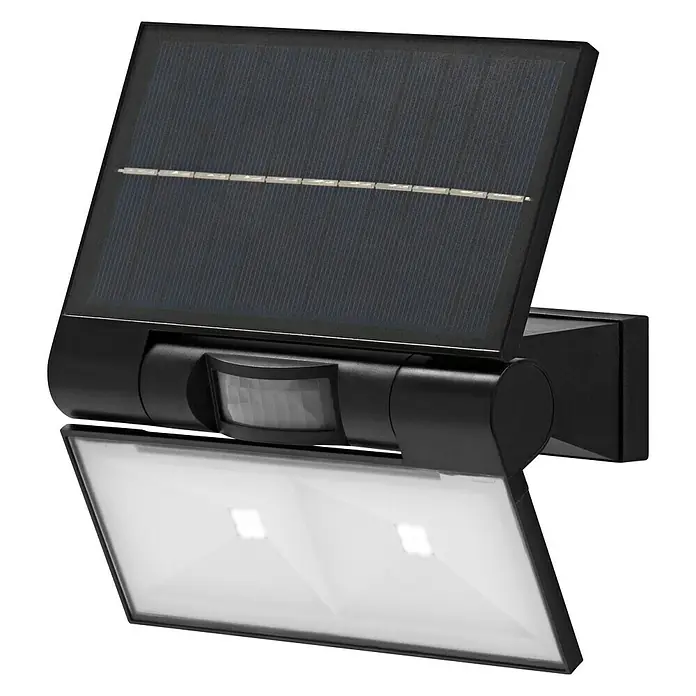 Osram Solar-Außenwandleuchte Endura Flood - 2,9 W, L x B x H: 16 x 11 x 17,2 cm, Dunkelgrau, IP44, 380 lm, Lichtfarbe: Warmweiß - Bild einer solarbetriebenen LED-Wandleuchte mit Bewegungsmelder. Sie ist schwarz und hat ein modernes Design.