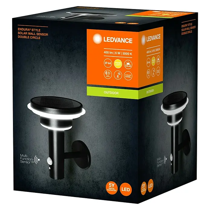 Ledvance Endura Sol Cirkle LED-Sensor-Außenwandleuchte - 6 W, L x B x H: 18,5 x 17,8 x 22 cm, Schwarz, Warmweiß - Verpackung der LEDVANCE Endura Style Solar Wandleuchte Double Circle mit Infos zu Leistung, Schutzart und Garantie.
