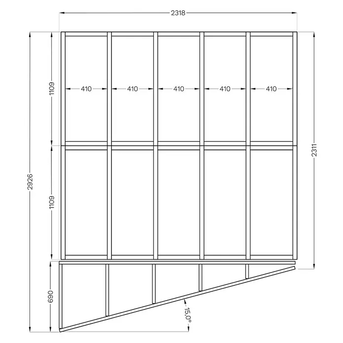 Bertilo Gerätehaus Concept Design - Außenmaß inkl. Dachüberstand (B x T): 237 x 310 cm, Holz, Anthrazit - Detaillierte Skizze einer Holzkonstruktion mit präzisen Maßangaben für Bauprojekte.