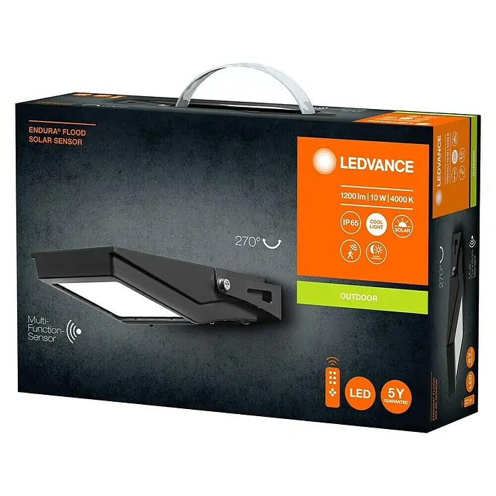 Ledvance Solar-Außenwandleuchte Endura Flood - 10 W, L x B x H: 19,4 x 6,7 x 31,3 cm, Schwarz, IP44, 1.200 lm - Die LEDVANCE Endura Flood Solar Sensor Außenleuchte in ihrer Verpackung.
