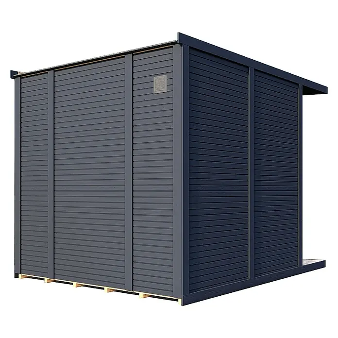 Bertilo Gerätehaus Concept Design - Außenmaß inkl. Dachüberstand (B x T): 237 x 310 cm, Holz, Anthrazit - Das Bild zeigt ein modernes Gartenhaus mit horizontaler Holzverkleidung in dunkler Farbe. Das Haus steht auf einer Holzpalette.