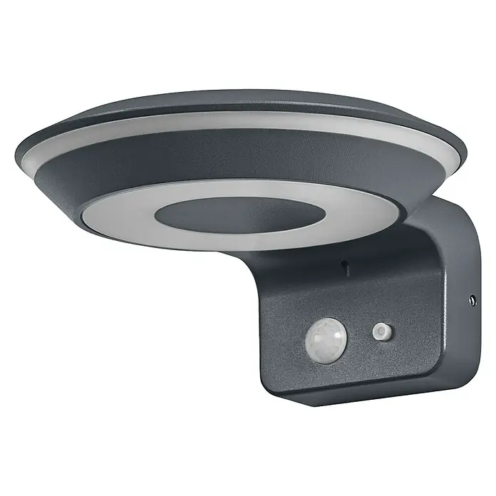Ledvance Solar-Außenwandleuchte Endura Style Solar - 3,6 W, L x B x H: 16 x 17,7 x 8 cm, Dunkelgrau, IP44, 180 lm - Nahaufnahme einer grauen LED-Außenwandleuchte mit Bewegungssensor.