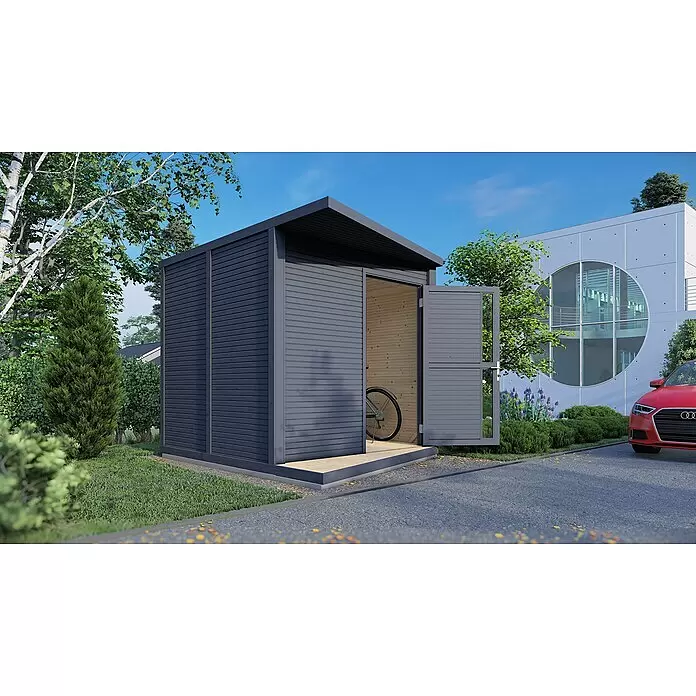 Bertilo Gerätehaus Concept Design - Außenmaß inkl. Dachüberstand (B x T): 237 x 310 cm, Holz, Anthrazit - Dunkelgraues Gartenhaus mit geöffneten Türen, das einen hellen Holzinnenraum und ein Fahrrad zeigt.