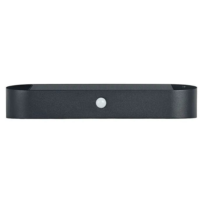 Ledvance Solar-Außenwandleuchte Endura Solar Oval Wall - 6 W, L x B x H: 34 x 12,5 x 6 cm, Schwarz, IP44, 540 lm - Eine schwarze Solarleuchte mit einem runden Sensor in der Mitte, ideal für den Außenbereich.