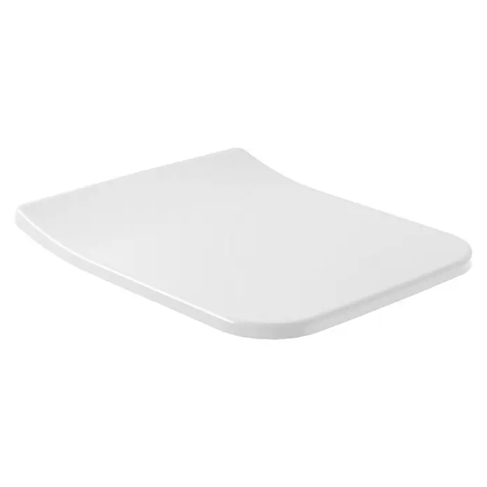 Villeroy & Boch Architectura WC-Sitz SlimSeat - Duroplast, Weiß, Mit Absenkautomatik, Eckig - Nahaufnahme eines weißen Toilettendeckels mit abgerundeten Kanten, der auf einer ebenen Fläche liegt. Das schlanke Design verleiht dem Badezimmer eine moderne Note.