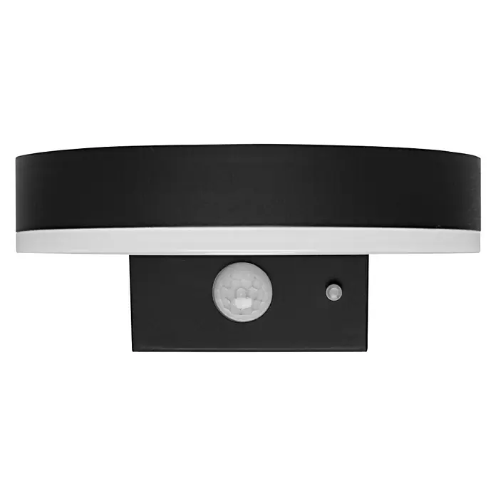 Ledvance Endura Sol Cirkle LED-Sensor-Außenwandleuchte - 6 W, L x B x H: 20 x 16 x 7 cm, Schwarz, Warmweiß - Nahaufnahme einer modernen schwarzen Außenleuchte mit Bewegungssensor und schlankem Design auf schwarzem Hintergrund.