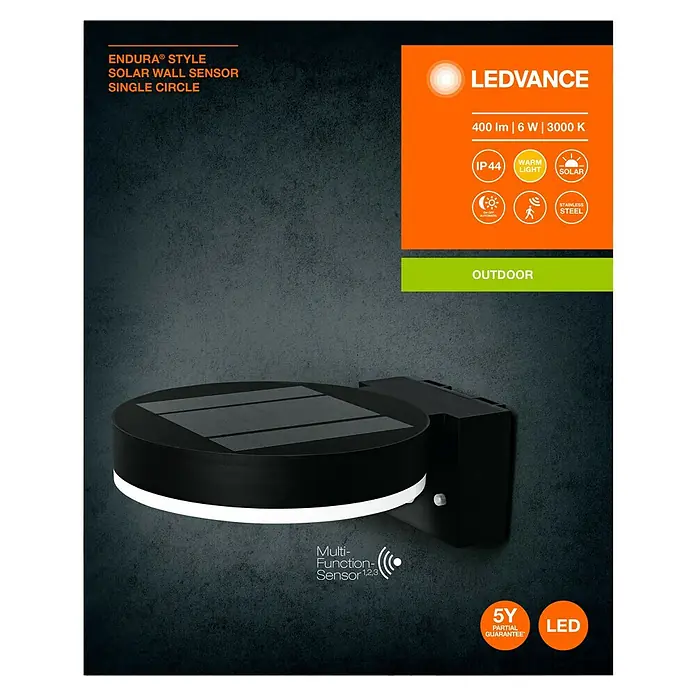 Ledvance Endura Sol Cirkle LED-Sensor-Außenwandleuchte - 6 W, L x B x H: 20 x 16 x 7 cm, Schwarz, Warmweiß - Das LEDVANCE Endura Style Solar Wandleuchte Single Circle, eine moderne und energieeffiziente Aussenleuchte mit Bewegungssensor.