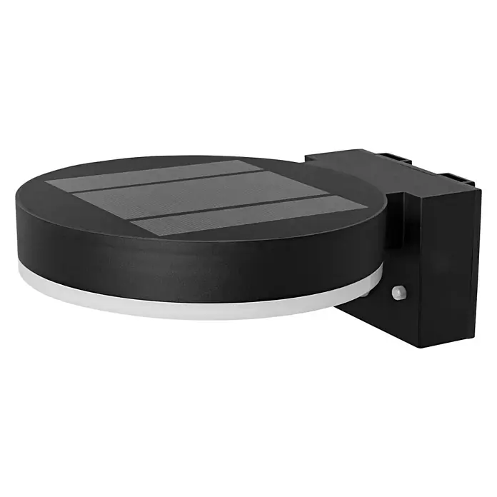 Ledvance Endura Sol Cirkle LED-Sensor-Außenwandleuchte - 6 W, L x B x H: 20 x 16 x 7 cm, Schwarz, Warmweiß - Nahaufnahme einer schwarzen Solar-Wandleuchte mit LED-Beleuchtung und einem runden Solarmodul.