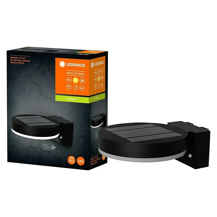 Ledvance Endura Sol Cirkle LED-Sensor-Außenwandleuchte - 6 W, L x B x H: 20 x 16 x 7 cm, Schwarz, Warmweiß - LEDVANCE Endura Style Solar Wandleuchte Single Circle mit Bewegungssensor und 5 Jahren Garantie, ideal für den Außenbereich.