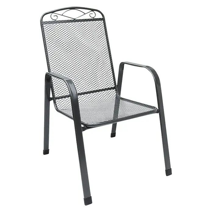 Gartenstuhl Zingst - Streckmetall, Stapelbar, Eisengrau, B x T x H: 57 x 75 x 93 cm - Schwarzer Gartenstuhl aus Metall mit Armlehne und einem dekorativen Muster auf der Rückenlehne.