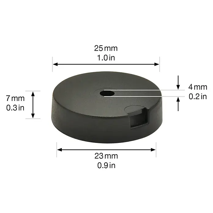 Wagner System Filzgleiter Duo Ultrasoft/Hyper - Durchmesser: 25 mm, 4 Stk., Mit Schraube - Eine schwarze, runde Scheibe mit Loch und Aussparung, versehen mit Maßangaben in Millimetern und Zoll.