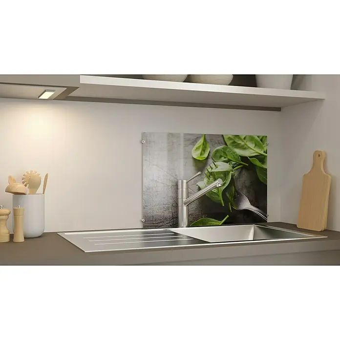 CUCINE Küchenrückwand - Basil on Fork, 60 x 40 cm, Stärke: 6 mm, Einscheibensicherheitsglas (ESG) - Küchenrückwand mit Spinat-Motiv.