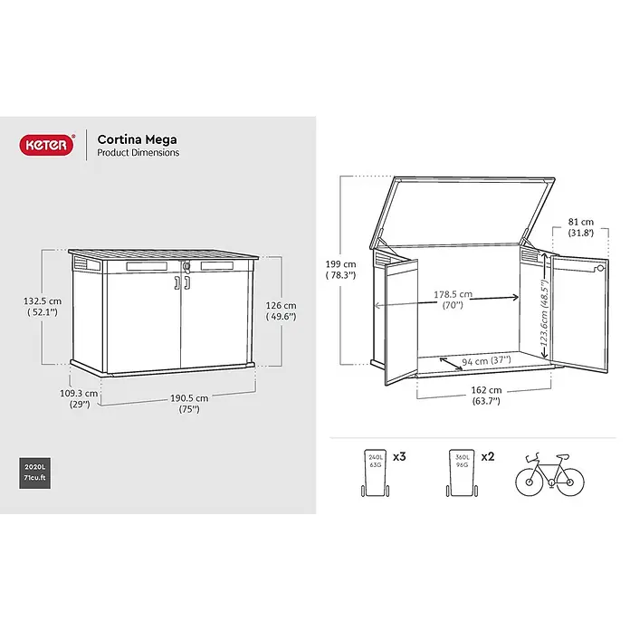 Keter Truhe Cortina Mega - Außenmaß inkl. Dachüberstand (B x T): 191 x 109 cm, Kunststoff, Anthrazit/Schwarz - Produktabmessungen des Keter Cortina Mega Gartenschranks mit detaillierten Maßangaben in Zentimetern und Zoll für Breite, Höhe und Tiefe.