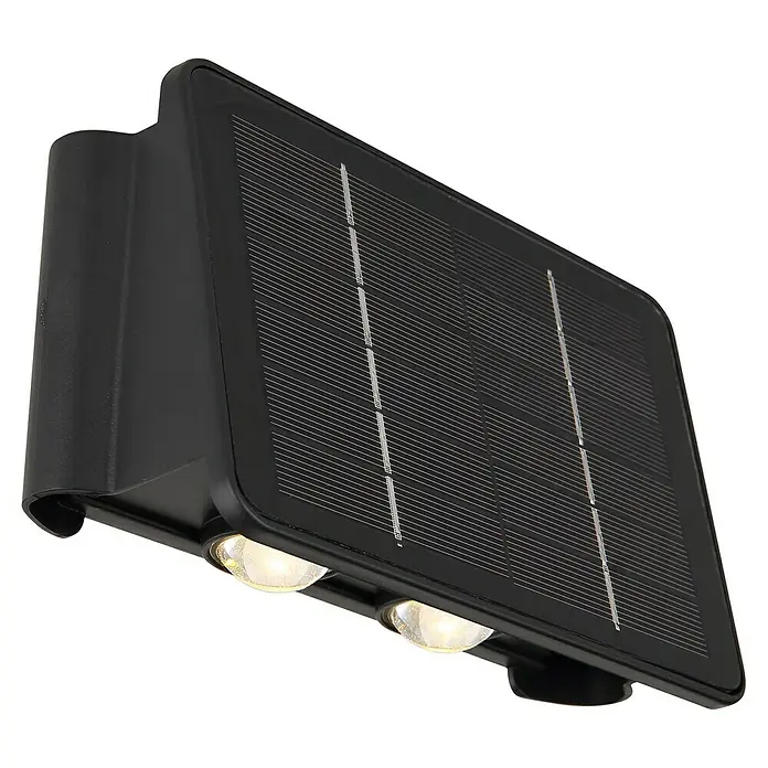 Globo Solar-Außenwandleuchte - L x B x H: 6,4 x 17 x 10,8 cm, Schwarz, IP54, 40 lm - Eine Solar-betriebene Wandleuchte in Schwarz, die umweltfreundliche Beleuchtung für den Außenbereich bietet. Sie lädt sich tagsüber auf.