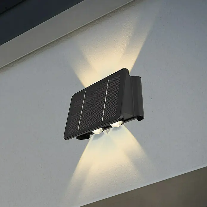 Globo Solar-Außenwandleuchte - L x B x H: 6,4 x 17 x 10,8 cm, Schwarz, IP54, 40 lm - Solarbetriebene Wandleuchte mit zwei Lampen, die ein warmes Licht an die Wand wirft, ideal für Außenbereiche.