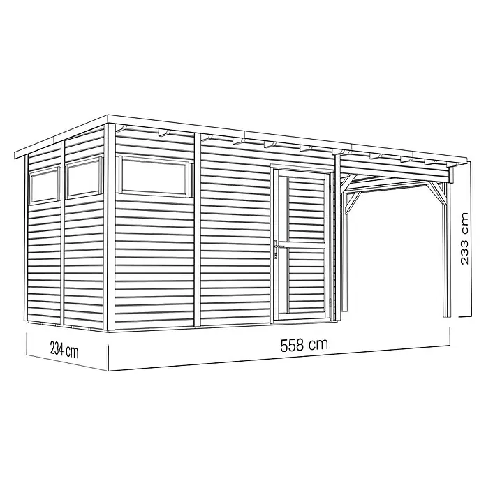 Bertilo Gerätehaus Pentus 3 Lounge - Außenmaß inkl. Dachüberstand (B x T): 581 x 265 cm, Holz, Hellgrau - Abbildung eines Gartenhauses mit einem Carport-Anbau, mit den Maßen 234 cm x 558 cm und einer Höhe von 233 cm.