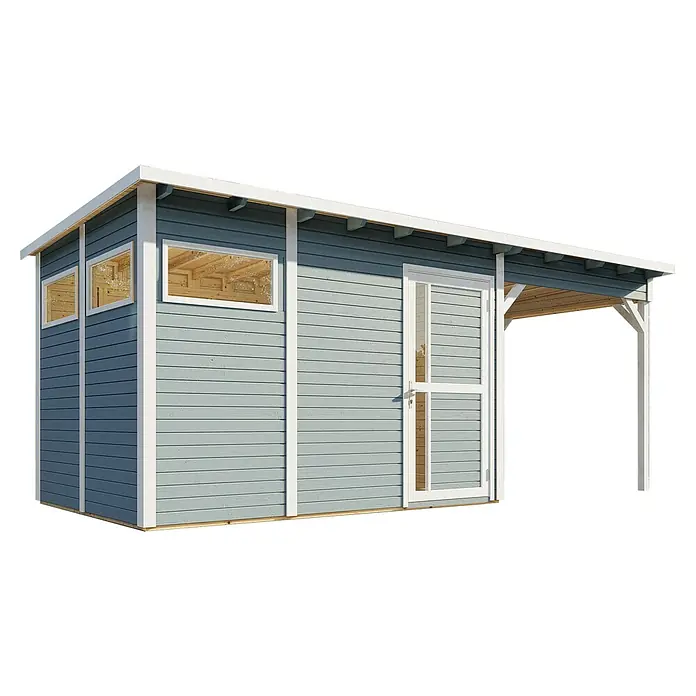 Bertilo Gerätehaus Pentus 3 Lounge - Außenmaß inkl. Dachüberstand (B x T): 581 x 265 cm, Holz, Hellgrau - Detaillierte Ansicht eines hellblau gestrichenen Holzgartenhauses mit weißen Akzenten, Fenstern und einer Veranda.