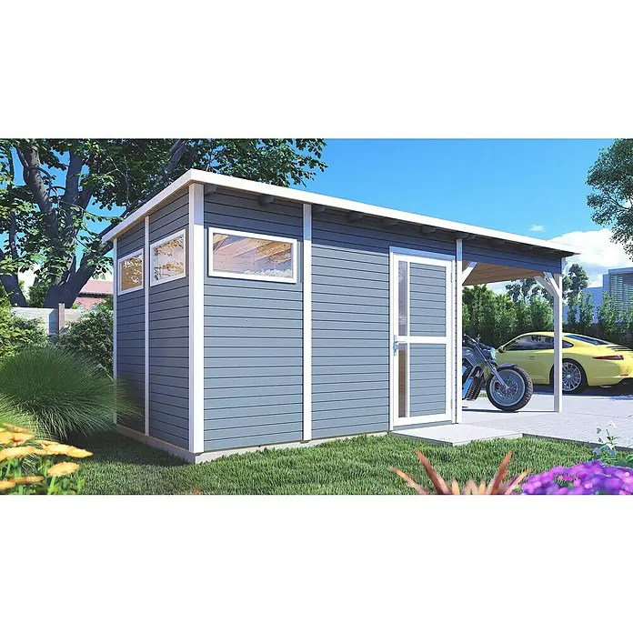 Bertilo Gerätehaus Pentus 3 Lounge - Außenmaß inkl. Dachüberstand (B x T): 581 x 265 cm, Holz, Hellgrau - Ein modernes Gartenhaus mit einem hellen Anbau, ideal für die Aufbewahrung und als Unterstand für Fahrzeuge im Außenbereich.
