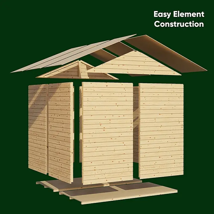 Bertilo Gerätehaus Sylt 1 - Außenmaß inkl. Dachüberstand (B x T): 202 x 131 cm, Holz, Natur - Explosionsansicht eines Gartenhauses, das seine einfache Elementbauweise hervorhebt.