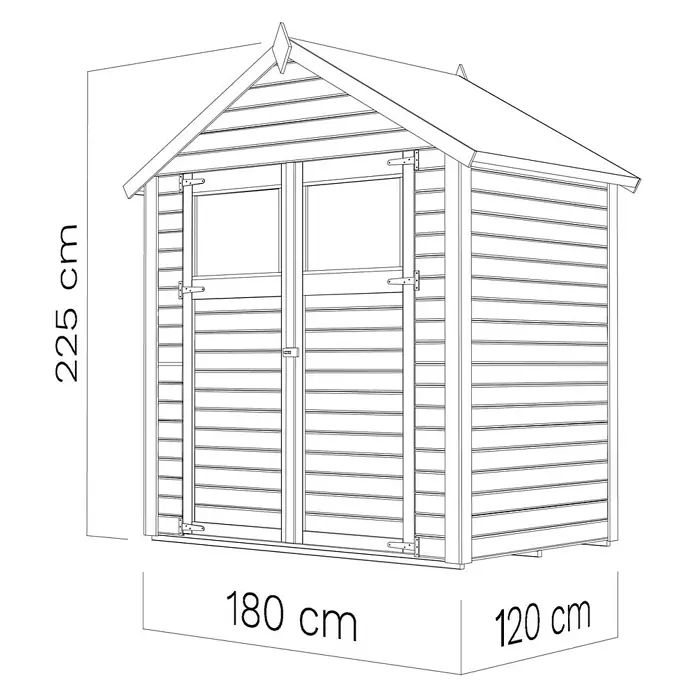 Bertilo Gerätehaus Sylt 1 - Außenmaß inkl. Dachüberstand (B x T): 202 x 131 cm, Holz, Natur - Abbildung eines Gartenschuppens aus Holz mit den Maßen 225 cm Höhe, 180 cm Breite und 120 cm Tiefe.