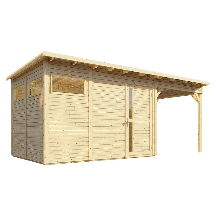 Bertilo Gerätehaus Pentus 3 Lounge - Außenmaß inkl. Dachüberstand (B x T): 581 x 265 cm, Holz, Natur - Abbildung eines Holzgartenhauses mit einem kleinen Vordach, das sich ideal für die Lagerung oder als Rückzugsort eignet.