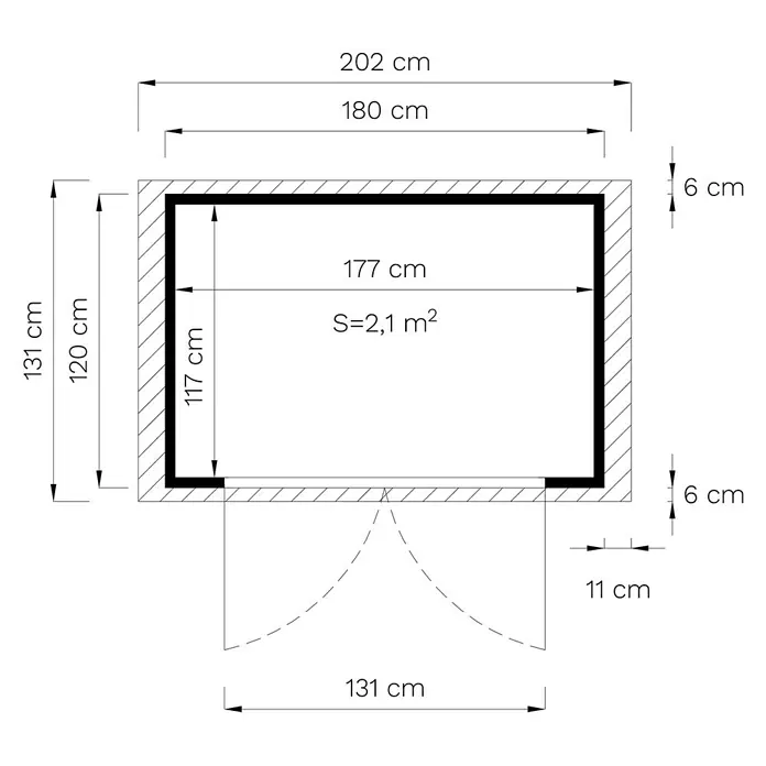 Bertilo Gerätehaus Sylt 1 - Außenmaß inkl. Dachüberstand (B x T): 202 x 131 cm, Holz, Natur - Grundrisszeichnung eines Raumes mit Maßen von Wänden, Türöffnung und Flächenangabe.