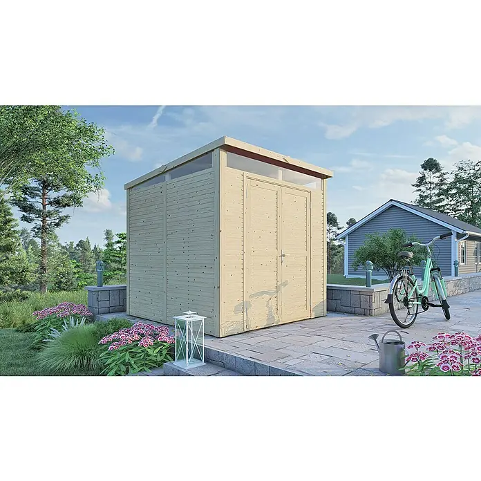 Bertilo Gerätehaus Woodline - Außenmaß inkl. Dachüberstand (B x T): 226 x 240 cm, Holz, Natur - Ein geräumiges Gartenhaus aus hellem Holz mit Doppeltür und Oberlichtern vor einem schön gestalteten Garten.