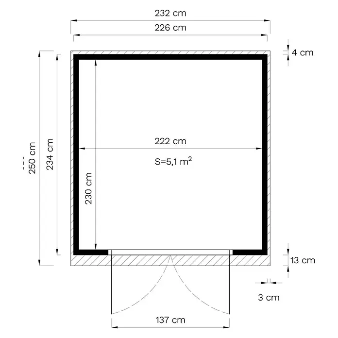 Bertilo Gerätehaus Woodline - Außenmaß inkl. Dachüberstand (B x T): 226 x 240 cm, Holz, Anthrazitgrau - Detaillierter Grundriss eines Raumes mit Bemaßungen für Wände, Türöffnung und Angabe der Fläche mit 5,1 m².
