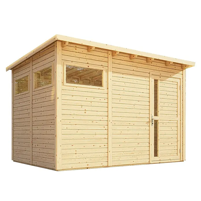 Bertilo Gerätehaus Pentus 3 - Außenmaß inkl. Dachüberstand (B x T): 359 x 265 cm, Holz, Natur - Holzgartenhaus mit Fenstern und Tür, ideal für die Aufbewahrung von Gartengeräten und als zusätzlicher Stauraum im Freien.