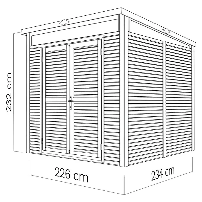Bertilo Gerätehaus Woodline - Außenmaß inkl. Dachüberstand (B x T): 226 x 240 cm, Holz, Natur - Abbildung eines Gerätehauses mit den Maßen 232 cm Höhe, 226 cm Breite und 234 cm Tiefe.