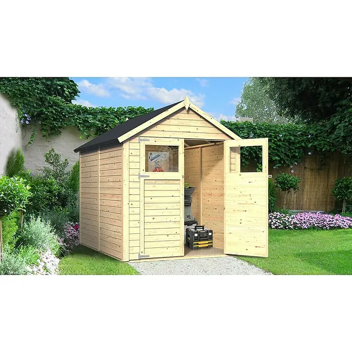 Bertilo Gerätehaus Sylt 3 - Außenmaß inkl. Dachüberstand (B x T): 202 x 252 cm, Holz, Natur - Holzschuppen im Garten mit geöffneten Türen und Werkzeugkasten. Das Gartenhaus bietet Stauraum für Gartengeräte.