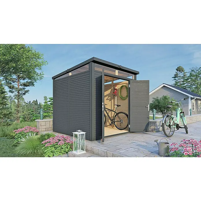 Bertilo Gerätehaus Woodline - Außenmaß inkl. Dachüberstand (B x T): 226 x 240 cm, Holz, Anthrazitgrau - Ein modernes, graues Gartengerätehaus mit geöffneten Türen, das Fahrräder und Gartenzubehör beherbergt, umgeben von üppigem Grün und Blumen.