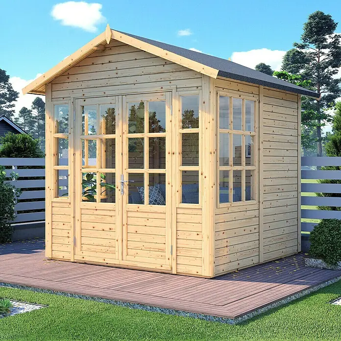Bertilo Gerätehaus Teahouse - Außenmaß inkl. Dachüberstand (B x T): 276 x 266 cm, Holz, Natur - Das Bild zeigt ein charmantes Gartenhaus aus Holz mit Fenstern und Doppeltür, ideal für Entspannung im Grünen.
