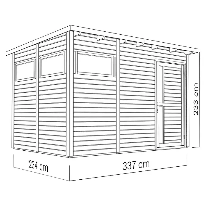 Bertilo Gerätehaus Pentus 3 - Außenmaß inkl. Dachüberstand (B x T): 359 x 265 cm, Holz, Natur - Abbildung eines Gartenhauses mit den Maßen 234 cm x 337 cm und einer Höhe von 233 cm. Ideal für die Aufbewahrung von Gartengeräten.