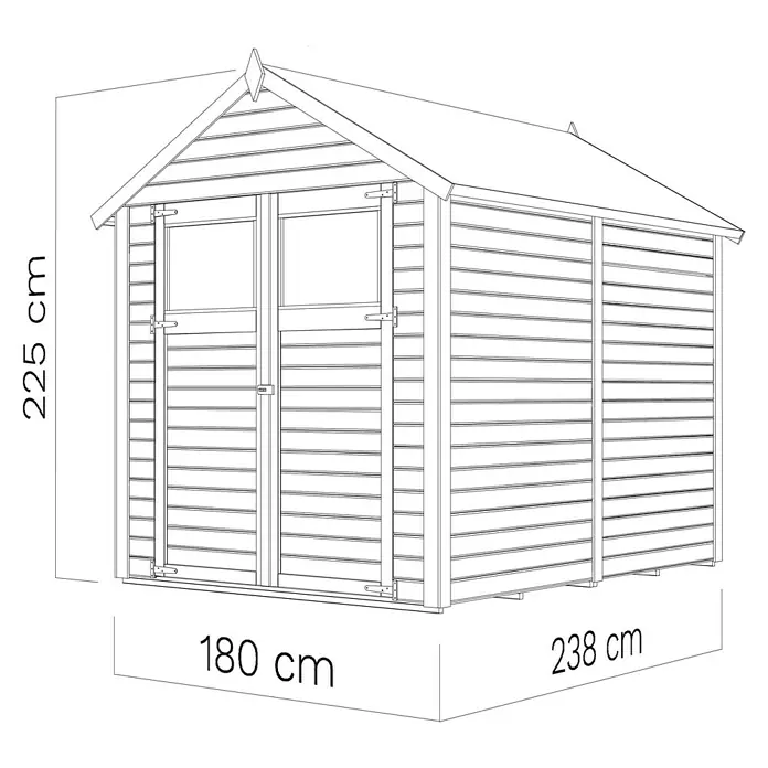 Bertilo Gerätehaus Sylt 3 - Außenmaß inkl. Dachüberstand (B x T): 202 x 252 cm, Holz, Natur - Abbildung eines Gerätehauses mit den Maßen 180 cm Breite, 238 cm Tiefe und 225 cm Höhe.\n