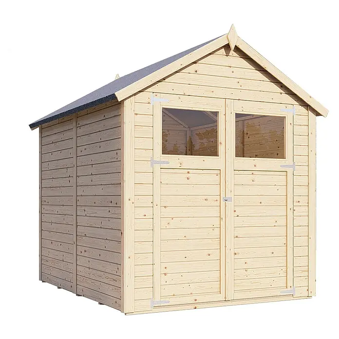 Bertilo Gerätehaus Sylt 3 - Außenmaß inkl. Dachüberstand (B x T): 202 x 252 cm, Holz, Natur - Ein helles Gartenhaus aus Holz mit Doppeltüren und Fenstern unter einem Giebeldach. Perfekt für die Aufbewahrung im Freien.