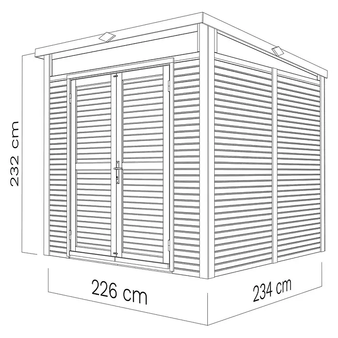 Bertilo Gerätehaus Woodline - Außenmaß inkl. Dachüberstand (B x T): 226 x 240 cm, Holz, Anthrazitgrau - Illustration eines Gartenhauses mit Doppeltür und den Maßen 232 cm Höhe, 226 cm Breite und 234 cm Tiefe.