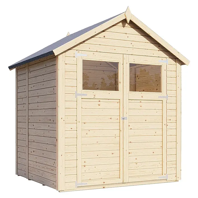 Bertilo Gerätehaus Sylt 2 - Außenmaß inkl. Dachüberstand (B x T): 202 x 191 cm, Holz, Natur - Bild eines hölzernen Gartenhauses mit Doppeltür und Fenstern, ideal für die Aufbewahrung von Gartengeräten und Werkzeugen.