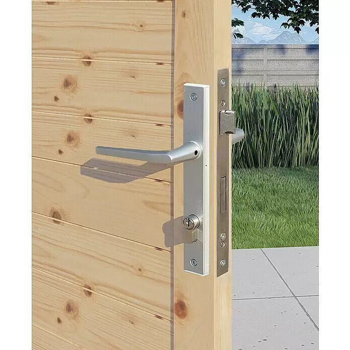 Bertilo Gerätehaus Woodline - Außenmaß inkl. Dachüberstand (B x T): 226 x 240 cm, Holz, Natur - Silberfarbenes Türdrücker-Set mit Schließzylinder an einem hellen Holzgartentor, im Außenbereich.