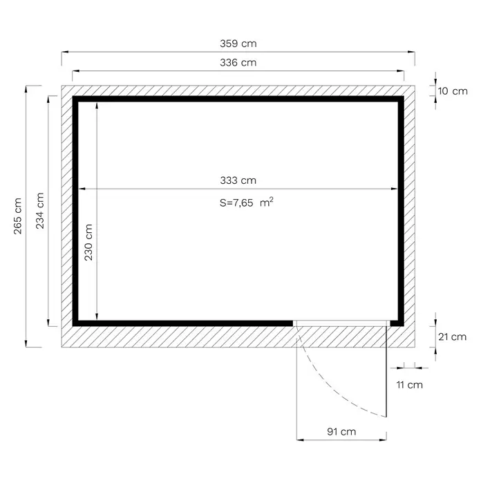 Bertilo Gartenhaus Pentus 3 - Außenmaß inkl. Dachüberstand (B x T): 265 x 259 cm, Holz - Grundriss eines Raumes mit Maßangaben, der die Raumabmessungen, Wandstärken und Türposition zeigt.