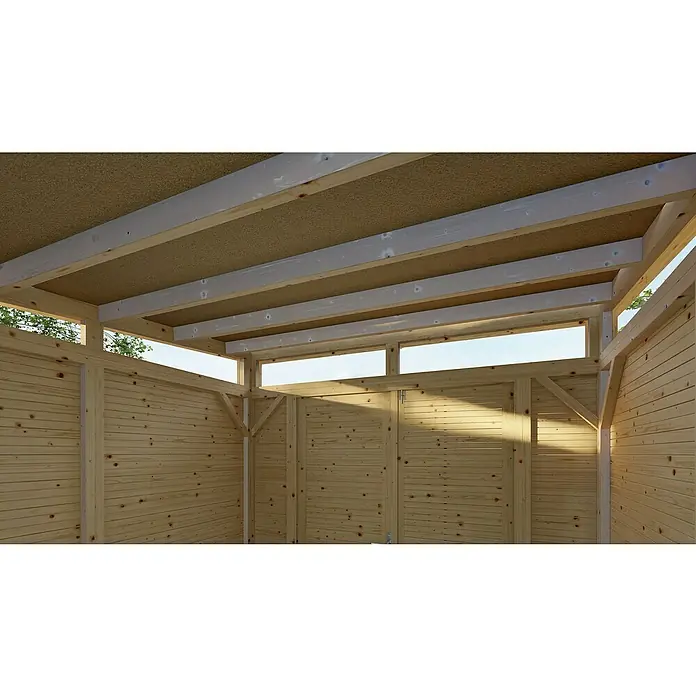 Bertilo Gerätehaus Woodline - Außenmaß inkl. Dachüberstand (B x T): 226 x 240 cm, Holz, Natur - Innenansicht eines Holzgebäudes mit Dachbalken, die eine robuste und natürliche Konstruktion zeigen. Die Holzverkleidung verleiht Wärme.