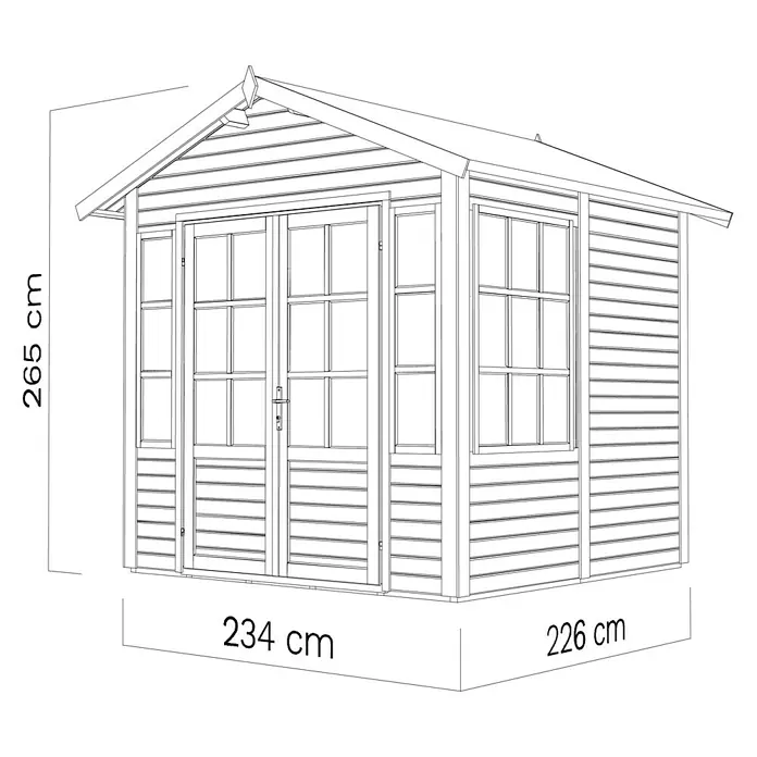Bertilo Gerätehaus Teahouse - Außenmaß inkl. Dachüberstand (B x T): 276 x 266 cm, Holz, Natur - Abbildung eines Holzgartenhauses mit den Maßen 234 cm x 226 cm, die Höhe beträgt 265 cm.\n