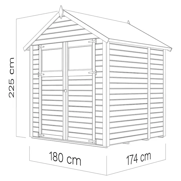 Bertilo Gerätehaus Sylt 2 - Außenmaß inkl. Dachüberstand (B x T): 202 x 191 cm, Holz, Natur - Illustration eines Gerätehauses mit den Maßen 225 cm Höhe, 180 cm Breite und 174 cm Tiefe.