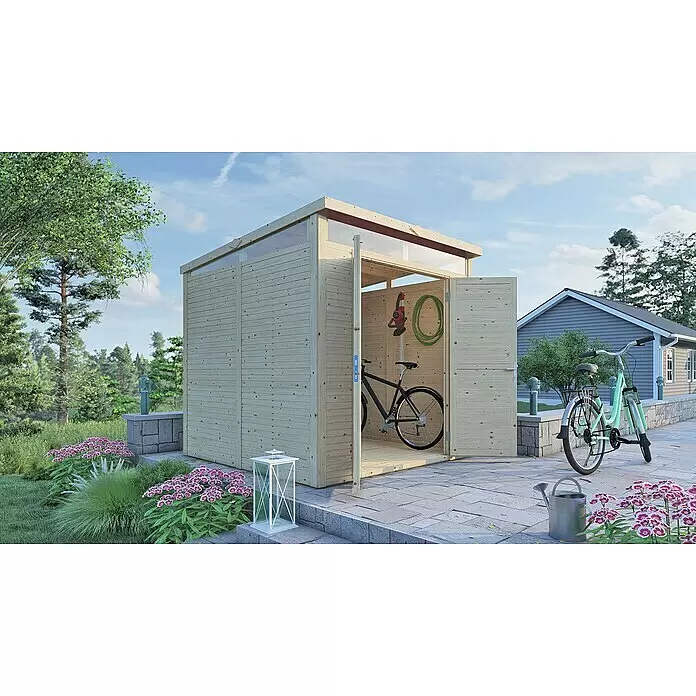Bertilo Gerätehaus Woodline - Außenmaß inkl. Dachüberstand (B x T): 226 x 240 cm, Holz, Natur - Heller Holzgeräteschuppen, geöffnet mit Fahrrad und Werkzeug, in einer Gartenumgebung.