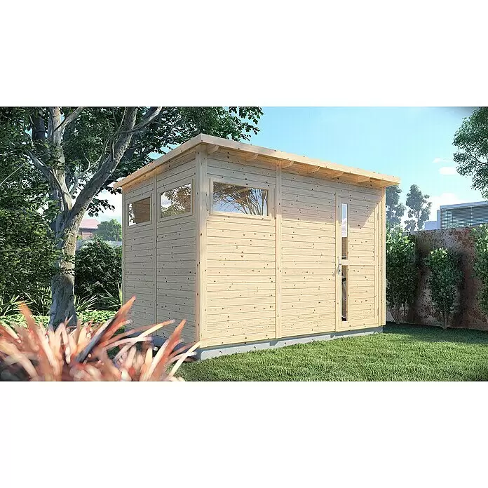 Bertilo Gerätehaus Pentus 3 - Außenmaß inkl. Dachüberstand (B x T): 359 x 265 cm, Holz, Natur - Gartenhaus aus hellem Naturholz mit Flachdach, Fenstern und schmaler Tür, auf Betonfundament.