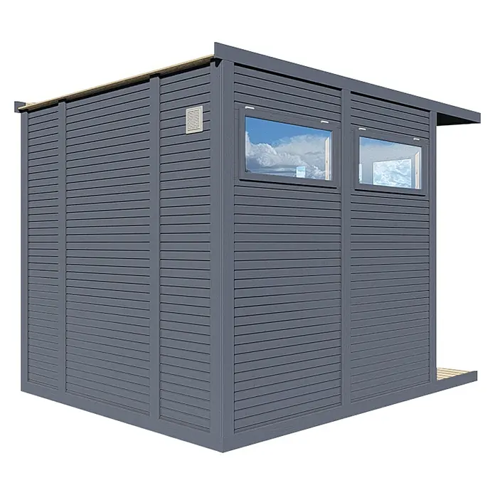 Bertilo Gartenhaus Concept Office - Außenmaß inkl. Dachüberstand (B x T): 237 x 310 cm, Holz, Anthrazit - Dieses Bild zeigt ein modernes, graues Gartenhaus mit horizontaler Holzverkleidung und zwei Fenstern, die Reflexionen des Himmels zeigen.