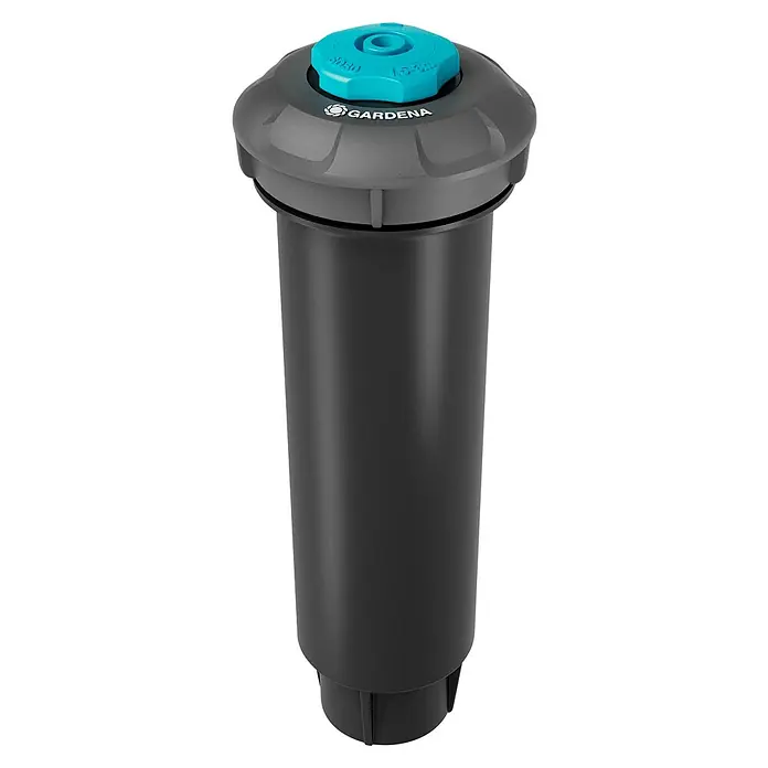 Gardena Sprinklersystem Aspersor emergente SD30 - Superficie de rociador máx.: 30 m², Riego de césped - Aspersor emergente Vario de Gardena con dial azul de ajuste y cubierta gris, ideal para regar pequeños céspedes con ajustes de rango variables.