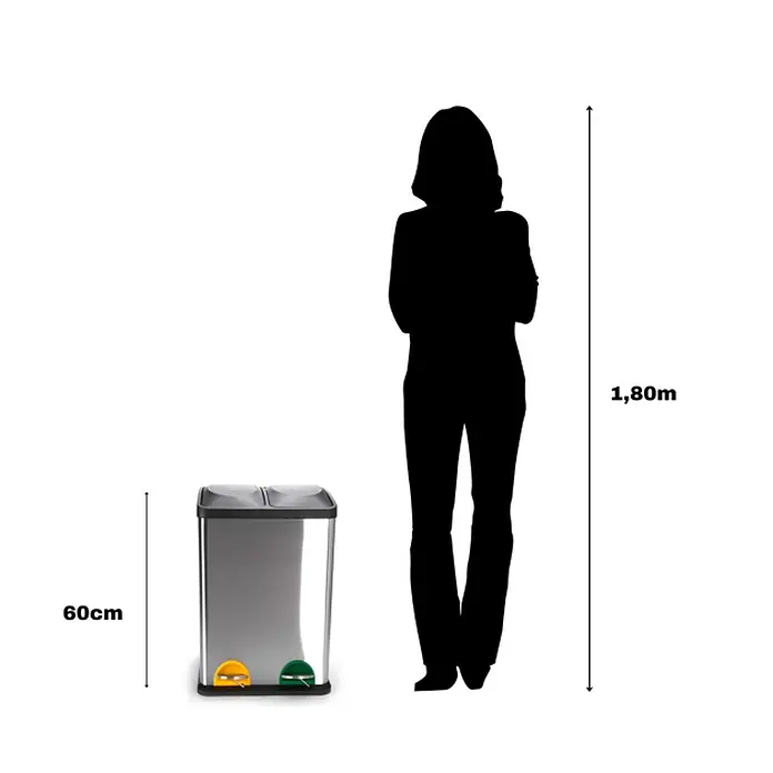 MSV Cubo con pedal Eco - 40 l, Acero inoxidable, Acero inoxidable/Negro - Cubo de basura de acero inoxidable con dos compartimentos y pedales de colores, de 60 cm de altura, comparado con una persona de 1,80 m.