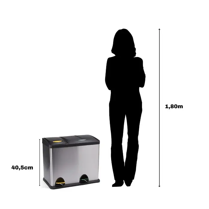 MSV Cubo con pedal Eco 8 + 18 L - Acero inoxidable, Acero inoxidable/Negro - Imagen de un bote de basura de acero inoxidable de doble compartimento, que muestra la altura del artículo en comparación con una persona.