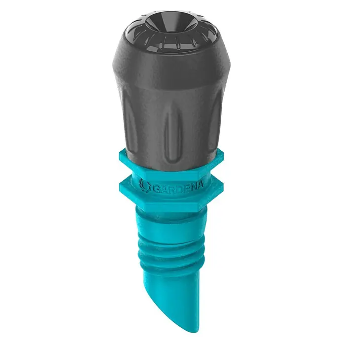 Gardena Micro-Drip Nebeldüse - 1/2" x 13 mm - Nahaufnahme eines GARDENA Bewässerungsspenders für Zimmerpflanzen, der eine gleichmäßige Wasserversorgung ermöglicht.